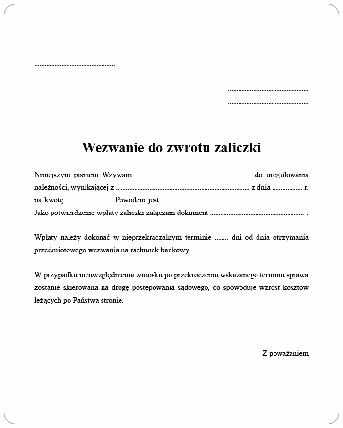 Jak napisać zwrot zaliczki?