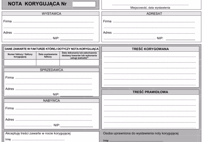 Jakich danych nie można korygować notą korygującą?