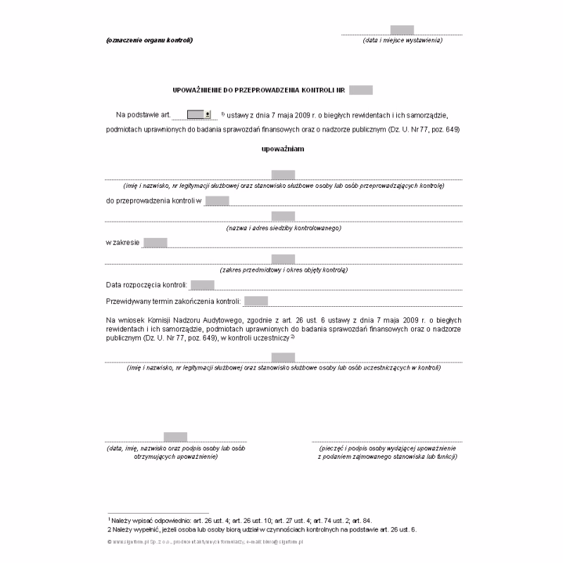Co zawiera upoważnienie do przeprowadzenia kontroli?